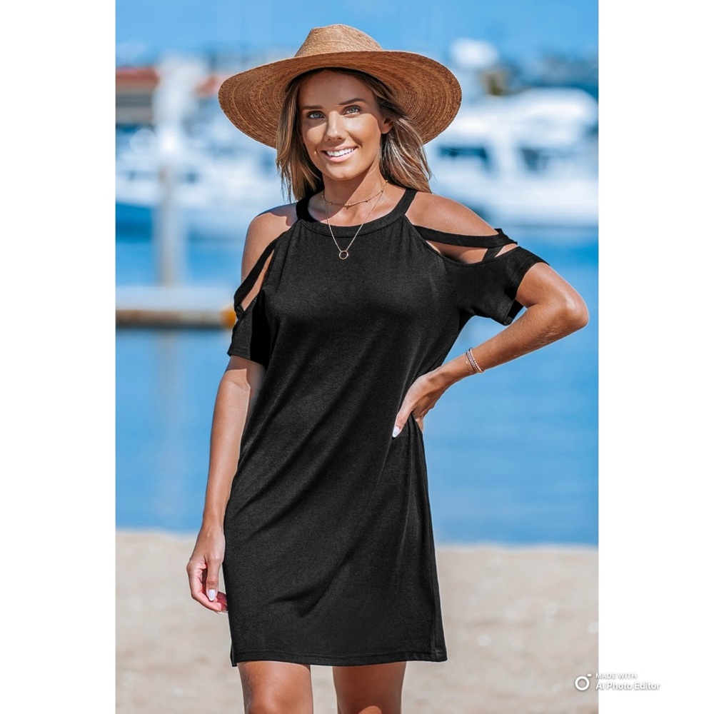 Cupshe Small Black Cutout Sleeve Jersey Mini Dress Coverup NWT Beach Resortwear